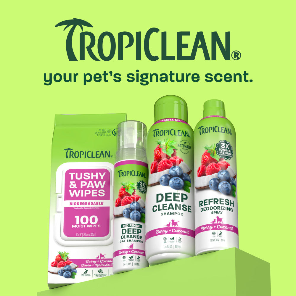TropiClean berry line up on light green background.