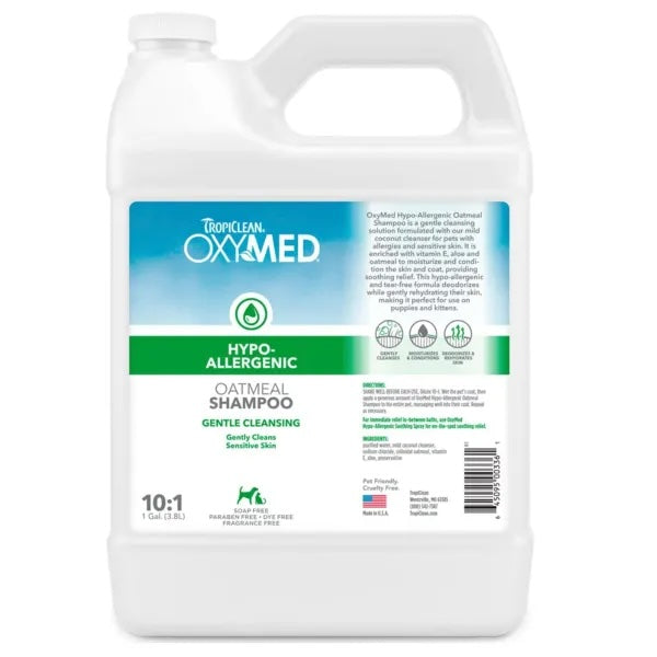 TropiClean OxyMed Hypoallergenic Oatmeal Shampoo for Dogs and Cats, front of 1 galon bottle