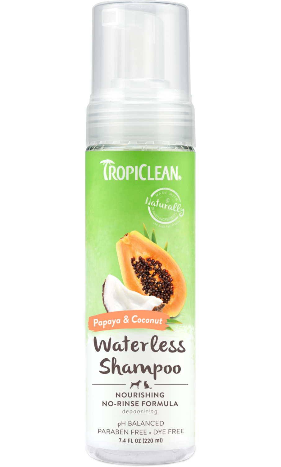 Tropiclean Papaya & Coconut Waterless Pet Shampoo, front of bottle on a white background