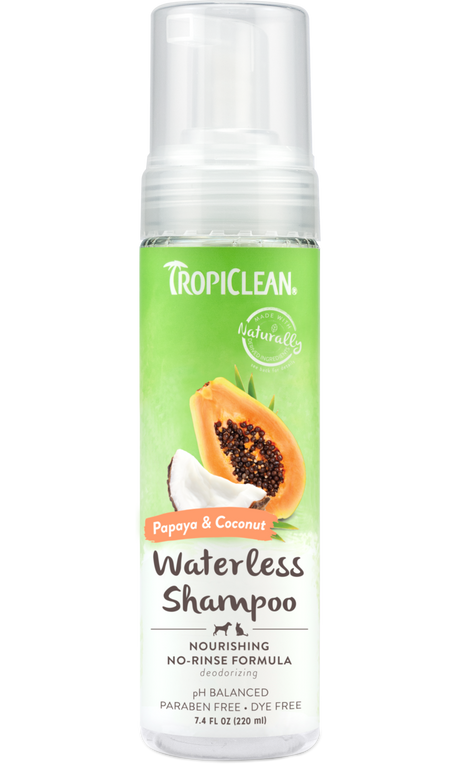 Tropiclean Papaya & Coconut Waterless Pet Shampoo, front of bottle on a white background