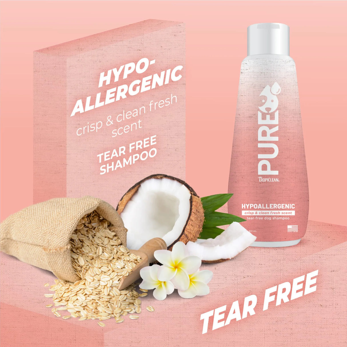 TropiClean PURE Crisp & Clean Fresh Hypoallergenic Plant Based Dog Shampoo, product with coconut, oats, and flowers on a pink background