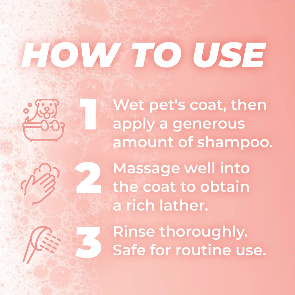 Instructions on how to use PURE Crisp & Clean Fresh Hypoallergenic Plant Based Dog Shampoo with icons and text on a pink background, by TropiClean