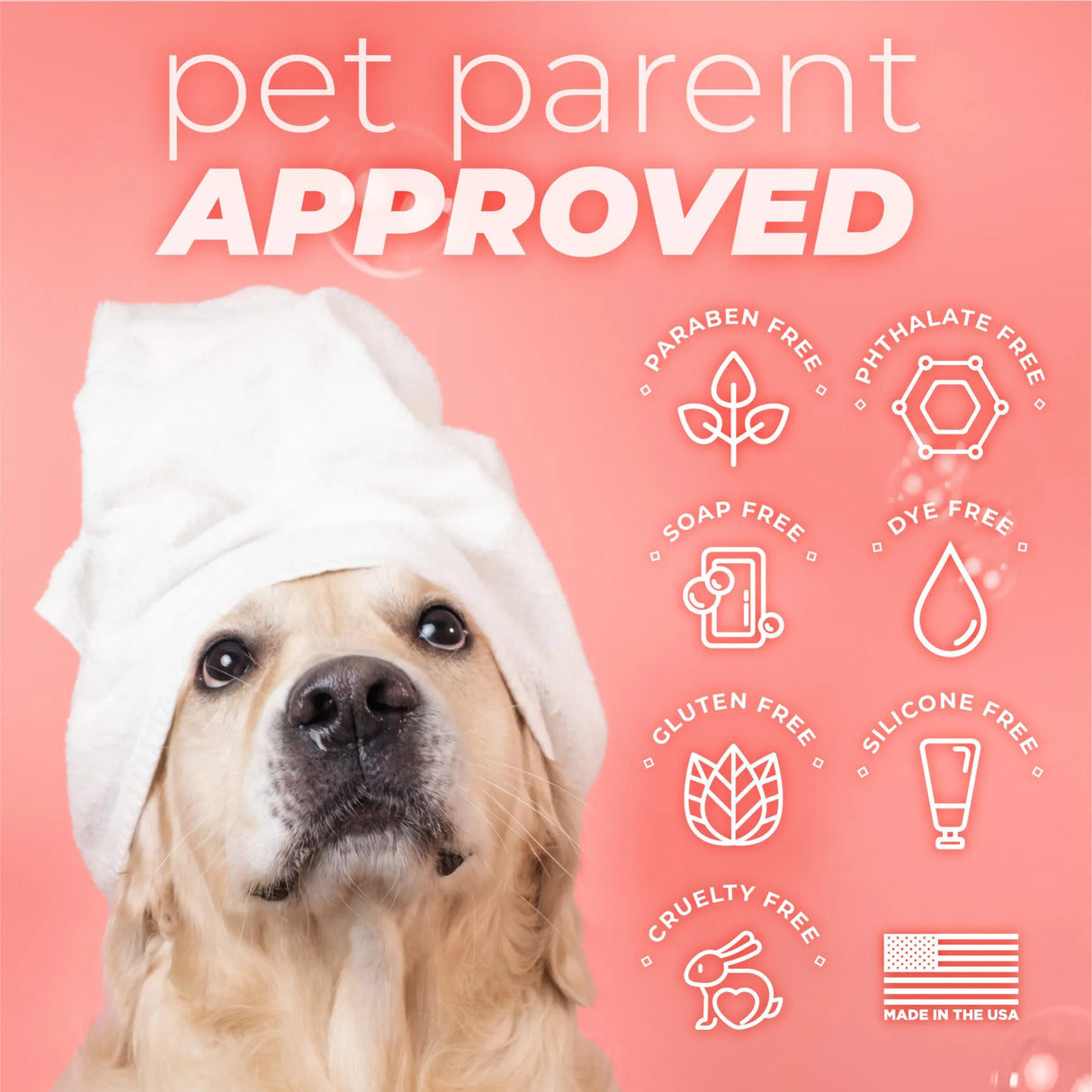 TropiClean PURE Crisp & Clean Fresh Hypoallergenic Plant Based Dog Shampoo. Dog with a towel on head against a pink background with 'pet parent APPROVED' text and icons.
