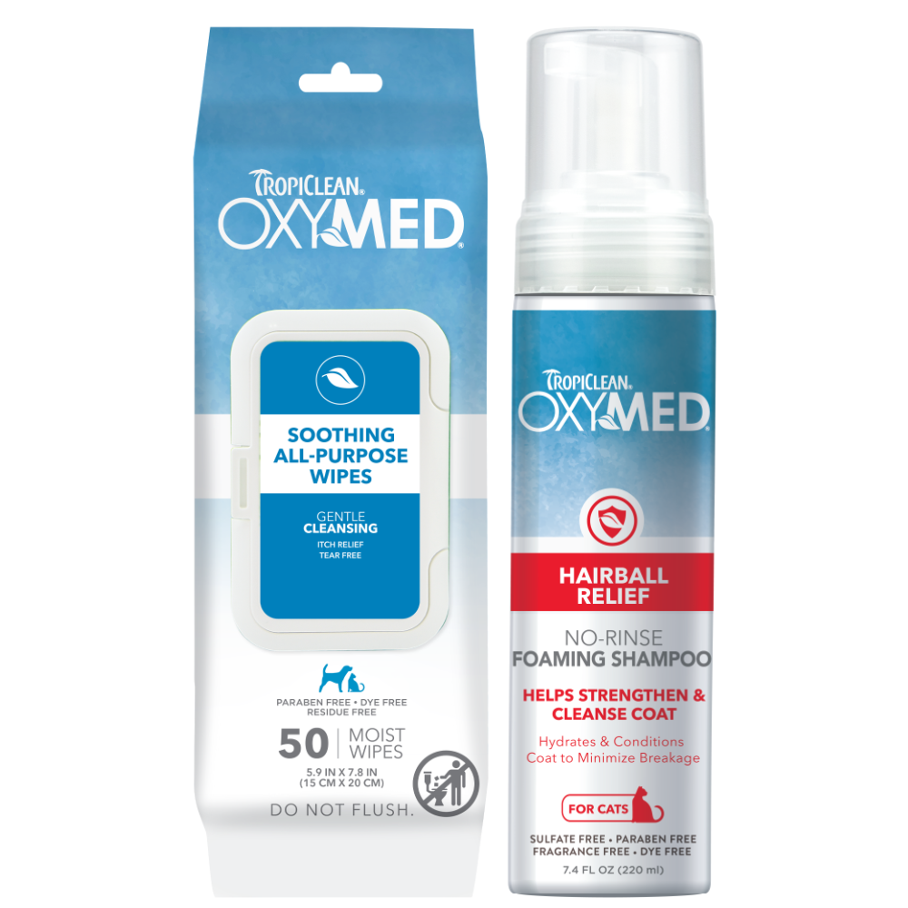 TropiClean OxyMed Waterless Dry Shampoo for Cats and OxyMed Soothing Relief Cleansing Wipes for Pets in a bundle.