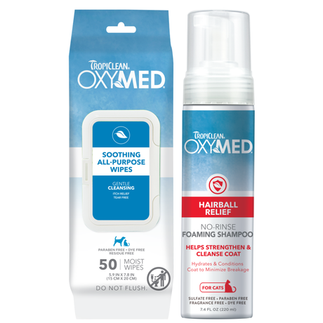 TropiClean OxyMed Waterless Dry Shampoo for Cats and OxyMed Soothing Relief Cleansing Wipes for Pets in a bundle.