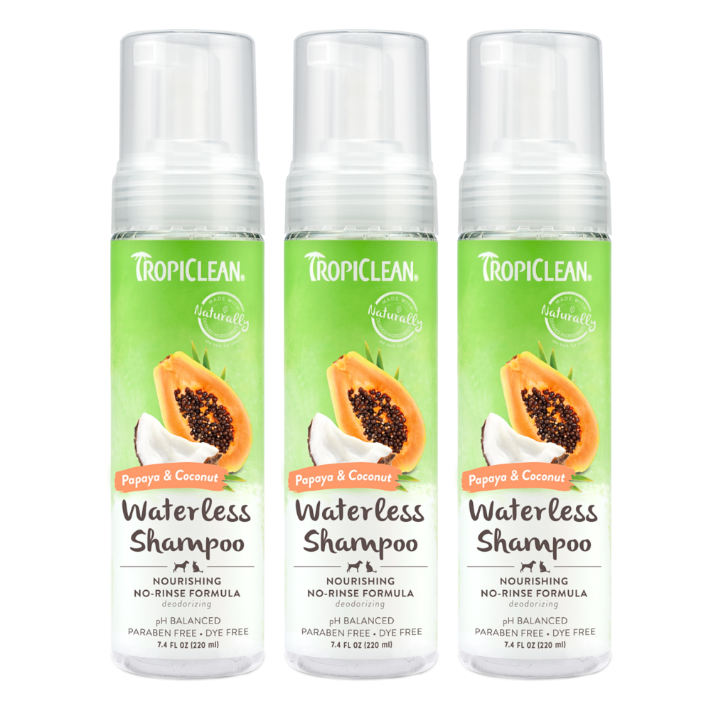 TropiClean Papaya & Coconut Waterless Shampoo for Dogs & Cats 3 Kit. Three bottles of TropicClean Papaya & Coconut Waterless Shampoo on a white background