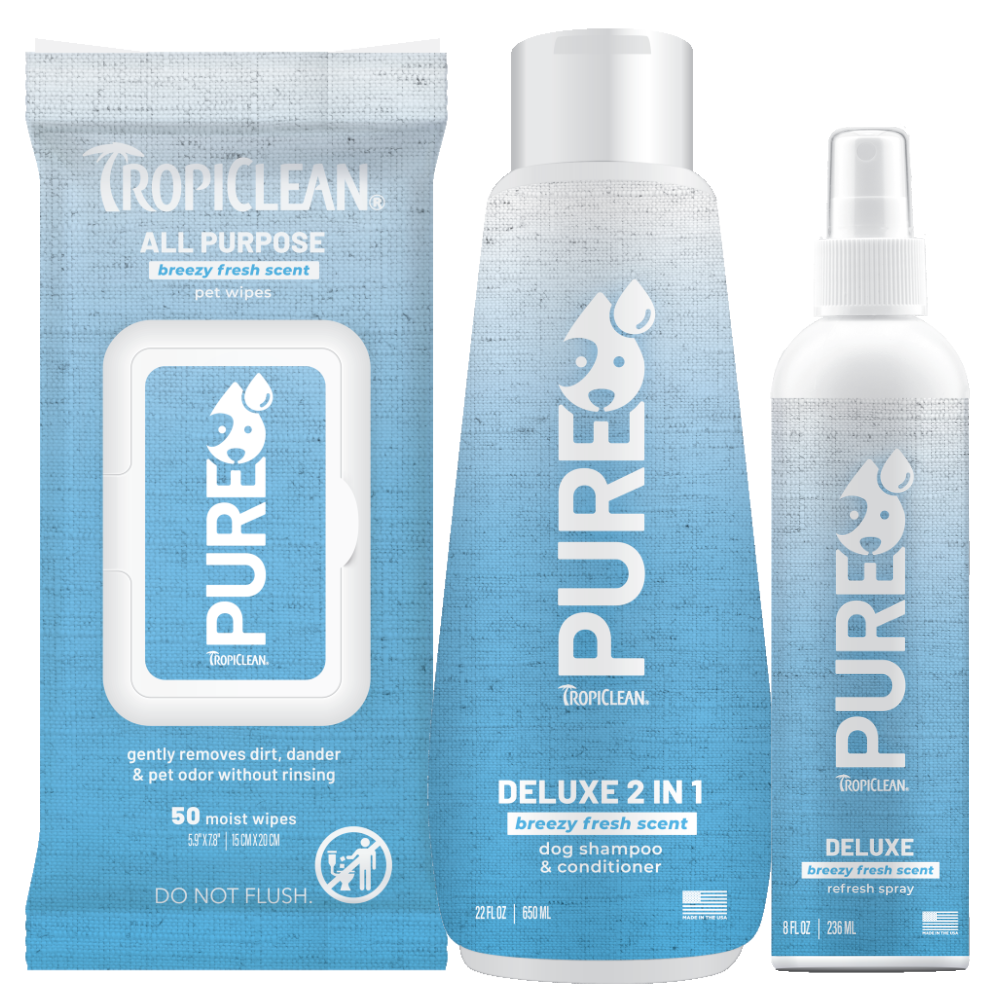 TropiClean PURE Breezy Fresh Plant-Based Dog Grooming 3 Bundle, front of packages