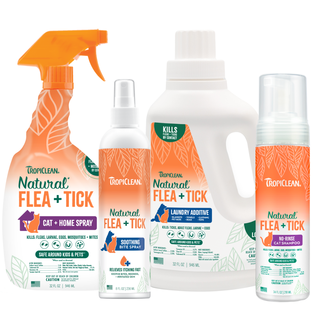 TropiClean Flea & Tick Home and Cat 4 Kit. Collection of Tropiclean Natural Flea + Tick for Cats products on a white background