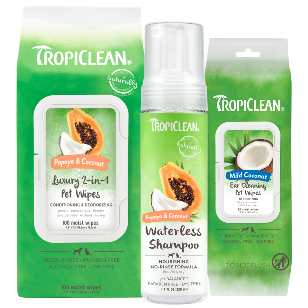TropiClean Waterless Coat & Ears Pet Grooming 3 Kit, front of packages