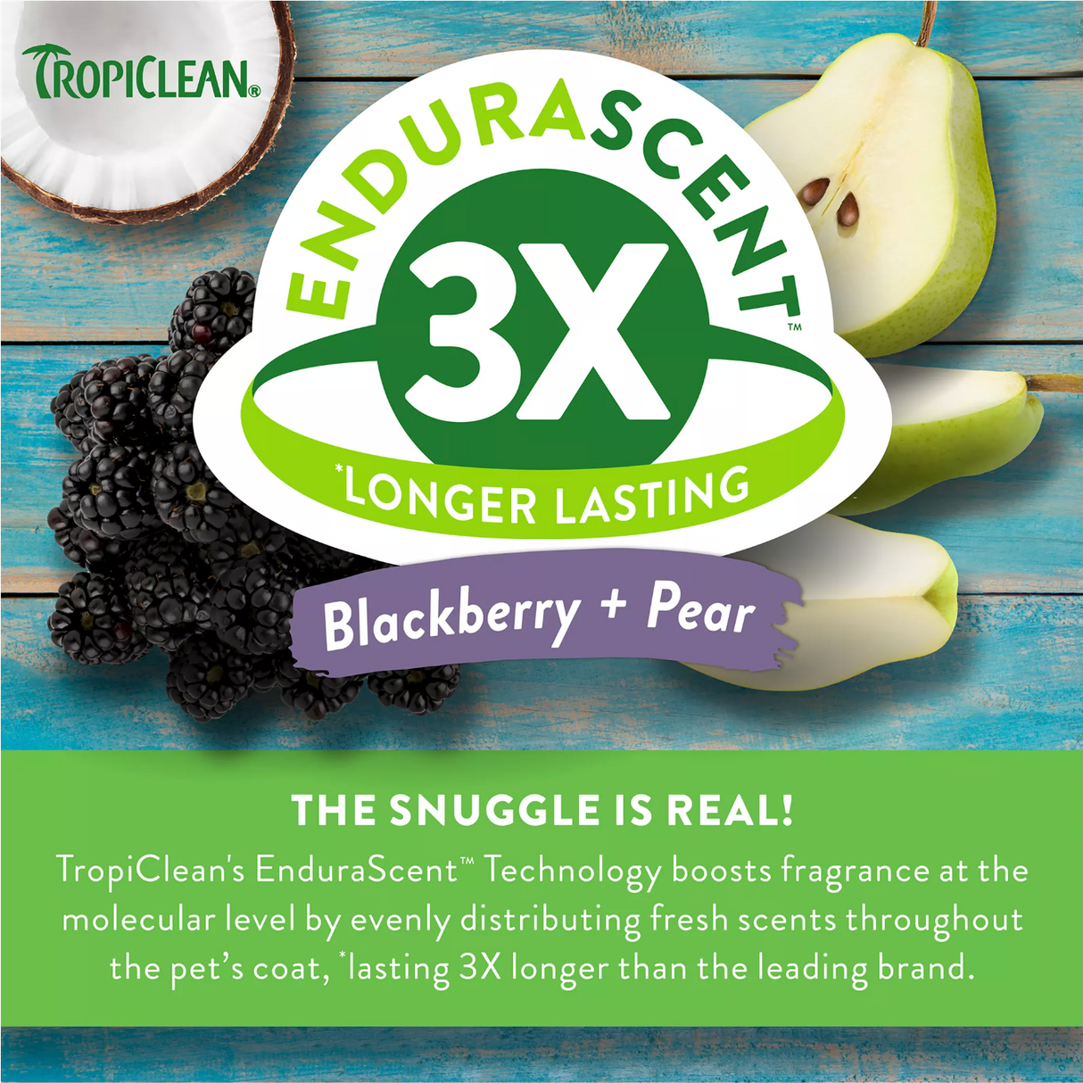 TropiClean EnduraScent Blackberry Pear Puppy Shampoo, 3X fragrance label with blackberries and pears on a wooden background