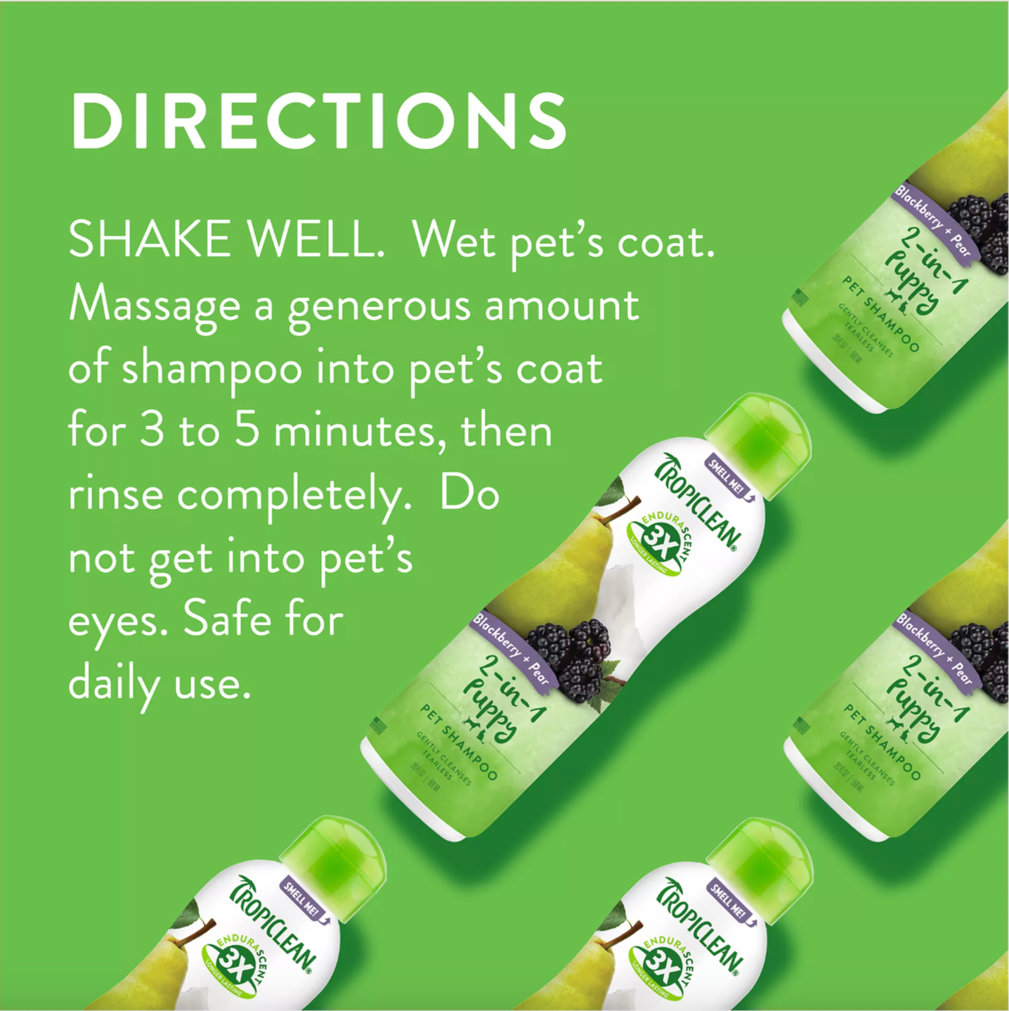 TropiClean EnduraScent Blackberry Pear Puppy Shampoo, bottles with usage instructions on a green background
