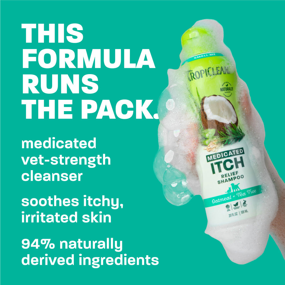 TropiClean Medicated Itch Relief Shampoo bottle with text on a teal background