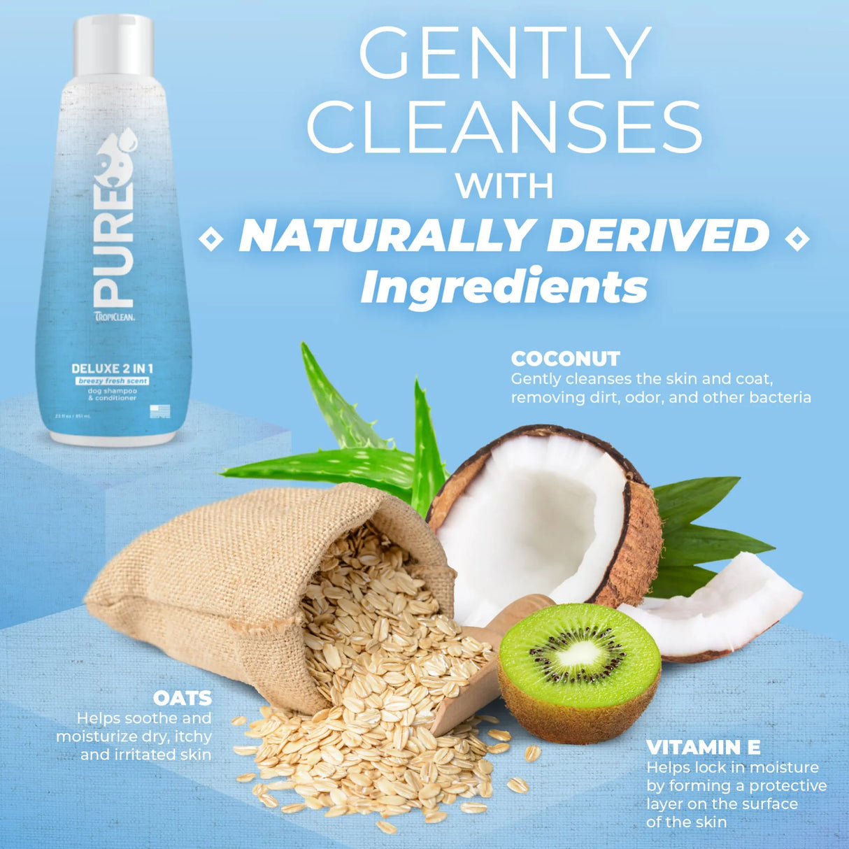 TropiClean PURE Breezy Fresh Deluxe 2-in-1 Plant-Based Dog Shampoo and Conditioner with coconut, oats, and kiwi on a blue background