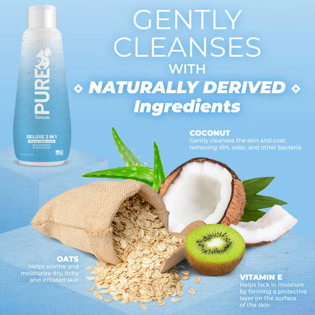 TropiClean PURE Breezy Fresh Deluxe 2-in-1 Plant-Based Dog Shampoo and Conditioner with coconut, oats, and kiwi on a blue background