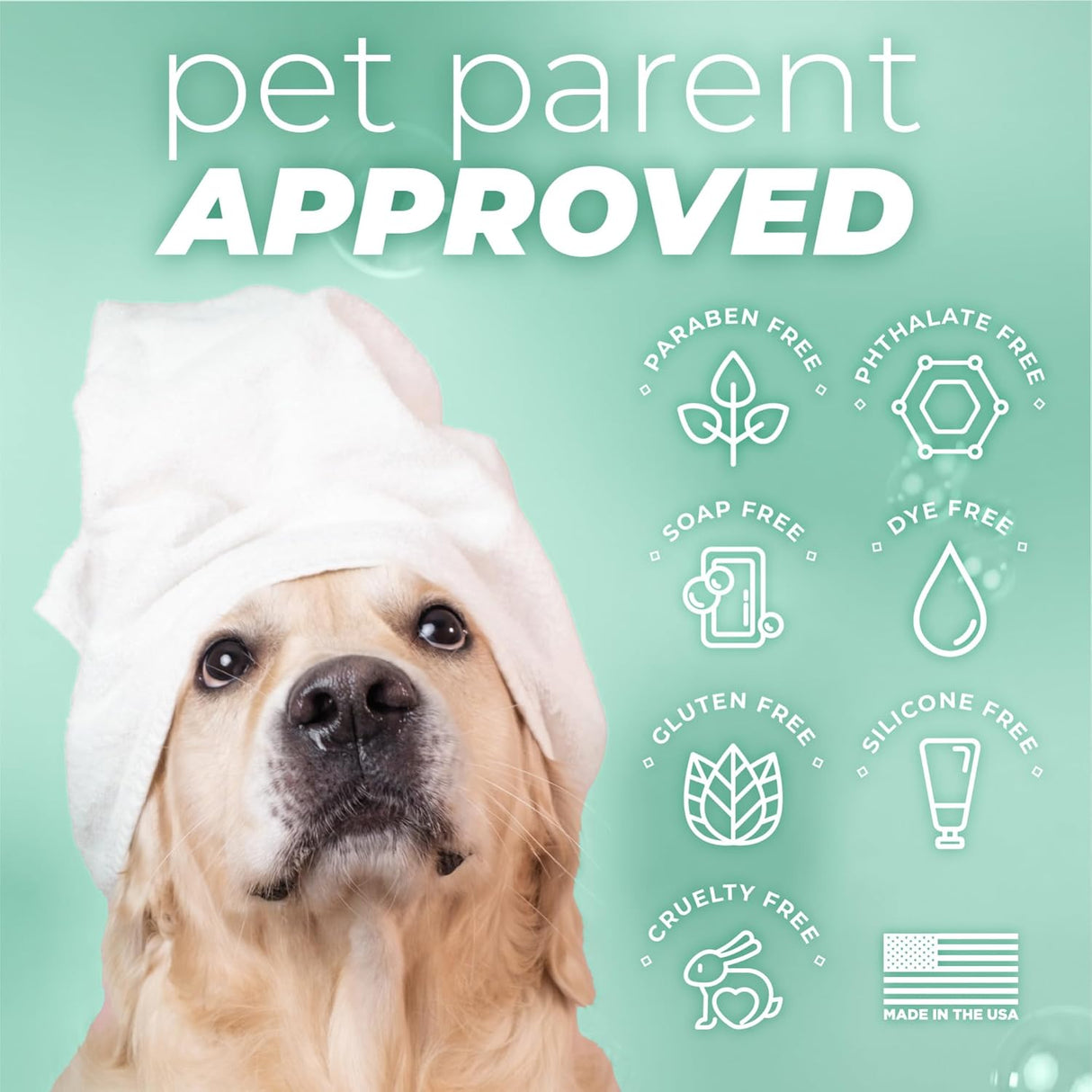 TropiClean PURE Cuddly Clean Odor Control Plant-Based Dog Shampoo. Dog wearing a white towel with 'pet parent APPROVED' text on a teal background