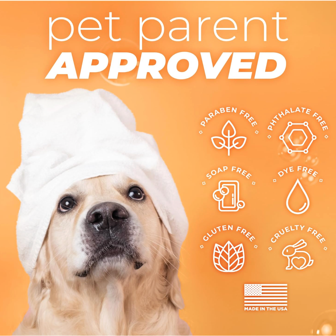 TropiClean PURE Sunset Summer Oatmeal Itch Relief Plant-Based Pet Shampoo. Dog with a towel on head against an orange background with 'pet parent APPROVED' text.