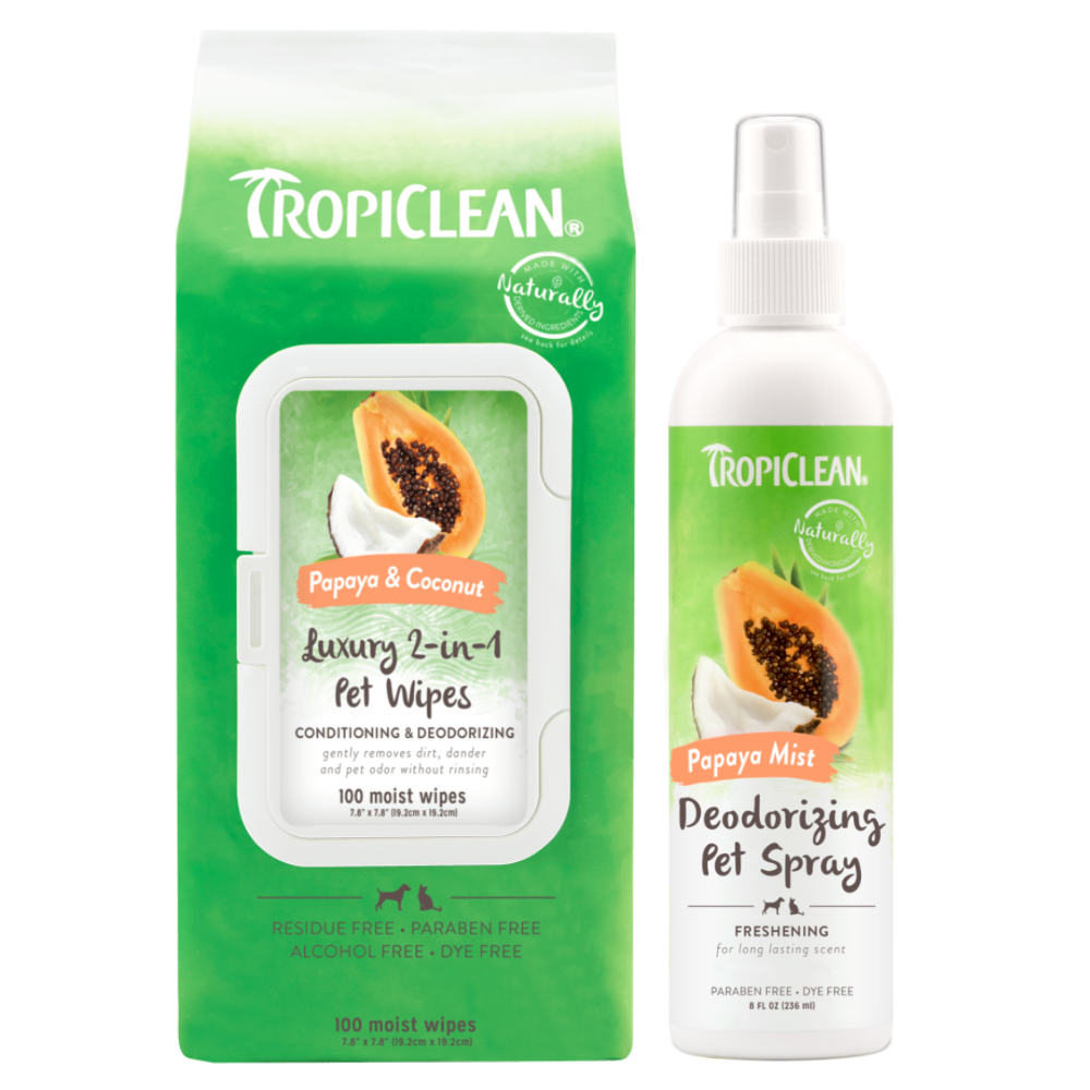 TropiClean Coconut & Papaya Pet Wipes and Deodorizing Pet Spray Bundle of 2