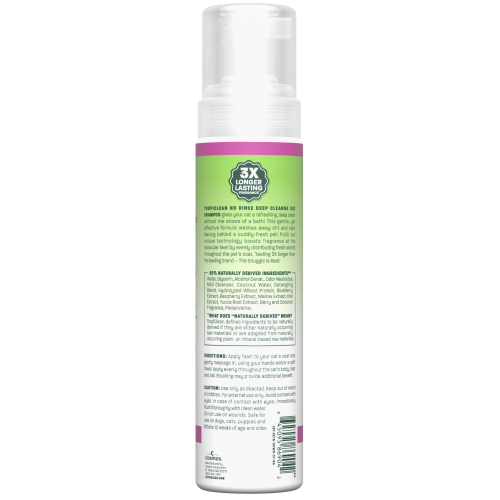 TropiClean deep cleanse cat no rinse shampoo bottle back on a white background