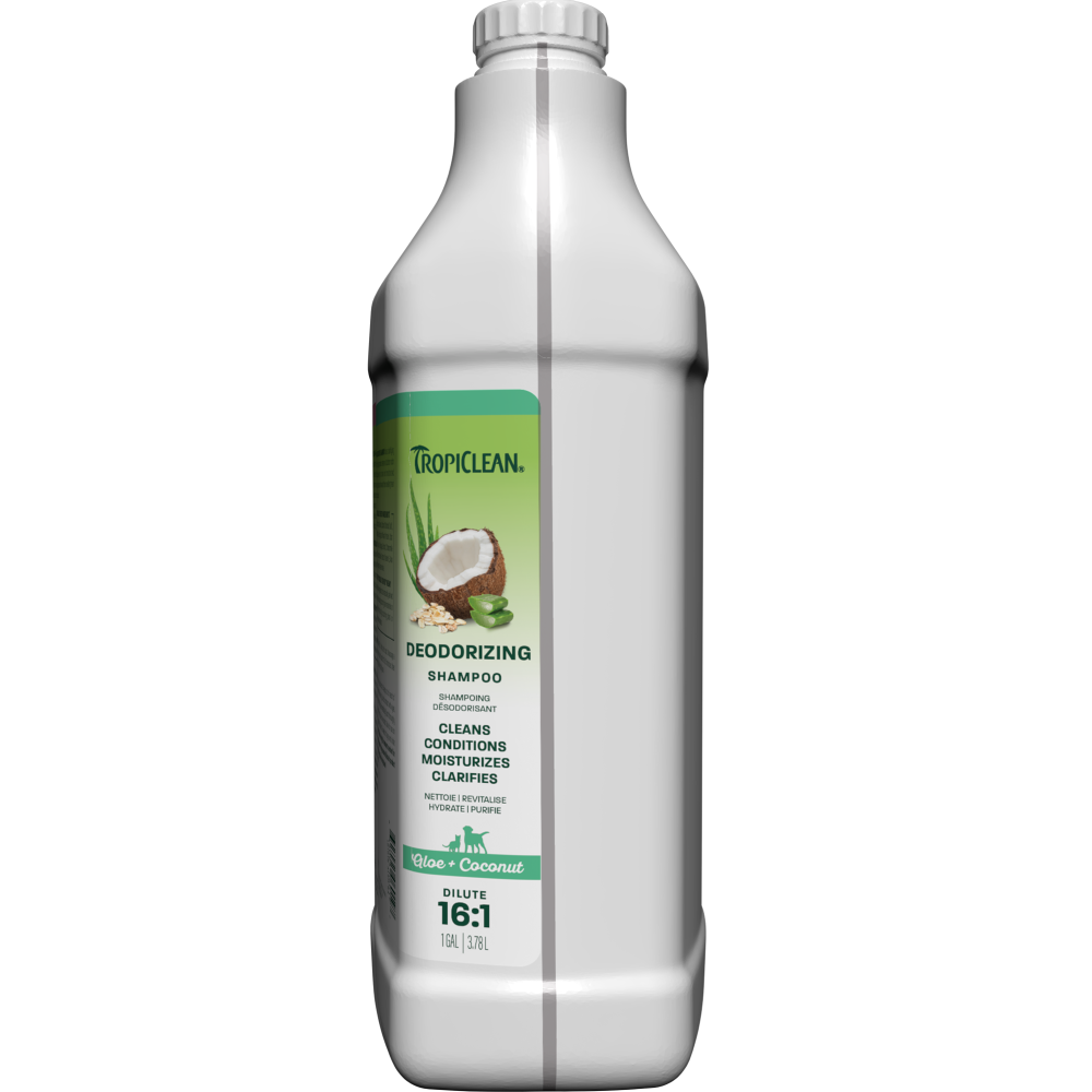 TropiClean deodorizing shampoo 1 gallon side view on a white background