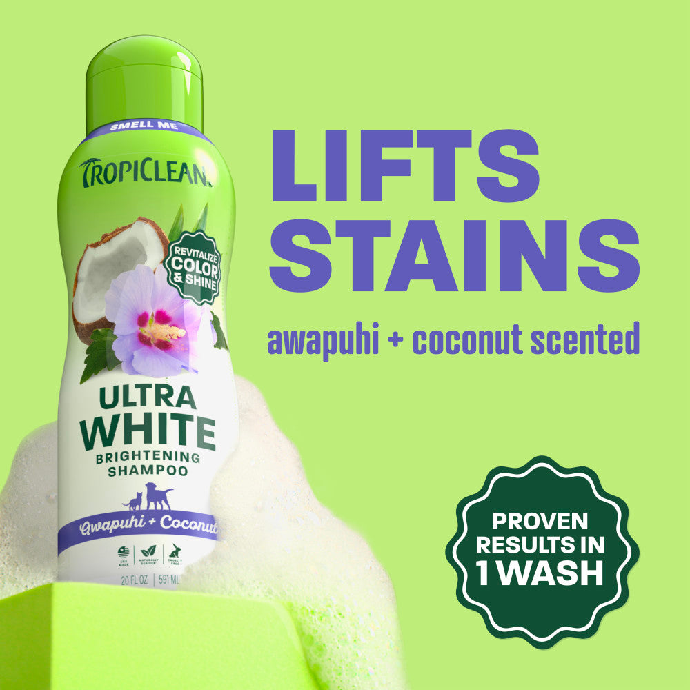 Tropiclean Ultra White Brightening shampoo on a light green background