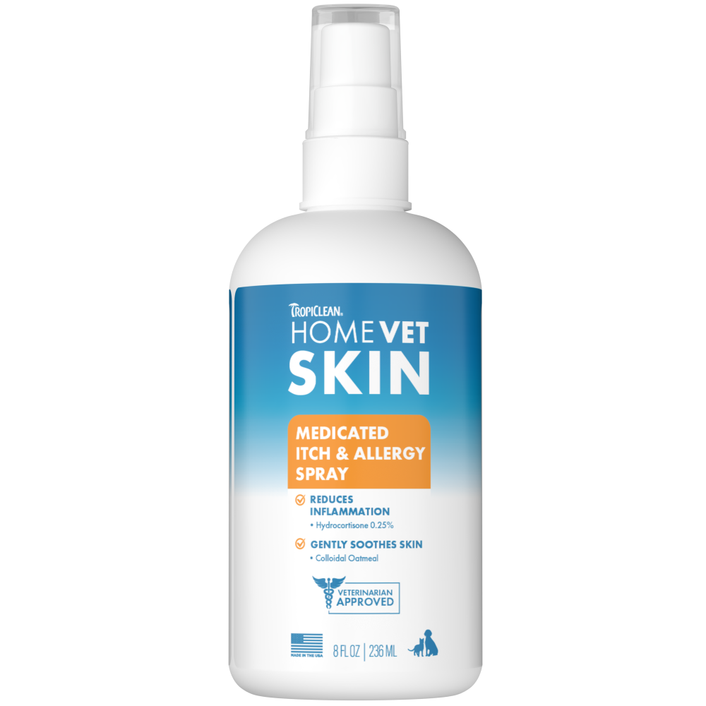 TropiClean HomeVet Medicated Itch & Allergy Pet Spray, front of 8oz spray bottle