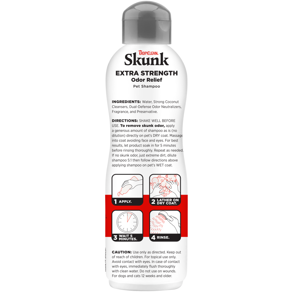 TropiClean Skunk Odor Control Shampoo for Dogs & Cats, image of back of 20oz bottle
