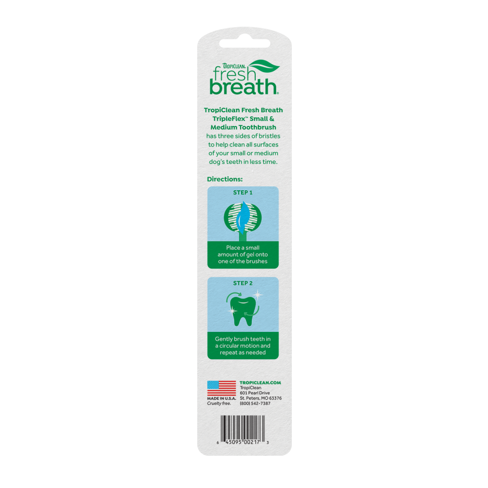 TropiClean Fresh Breath Dog Toothbrush, image of back of package for small-medium dogs