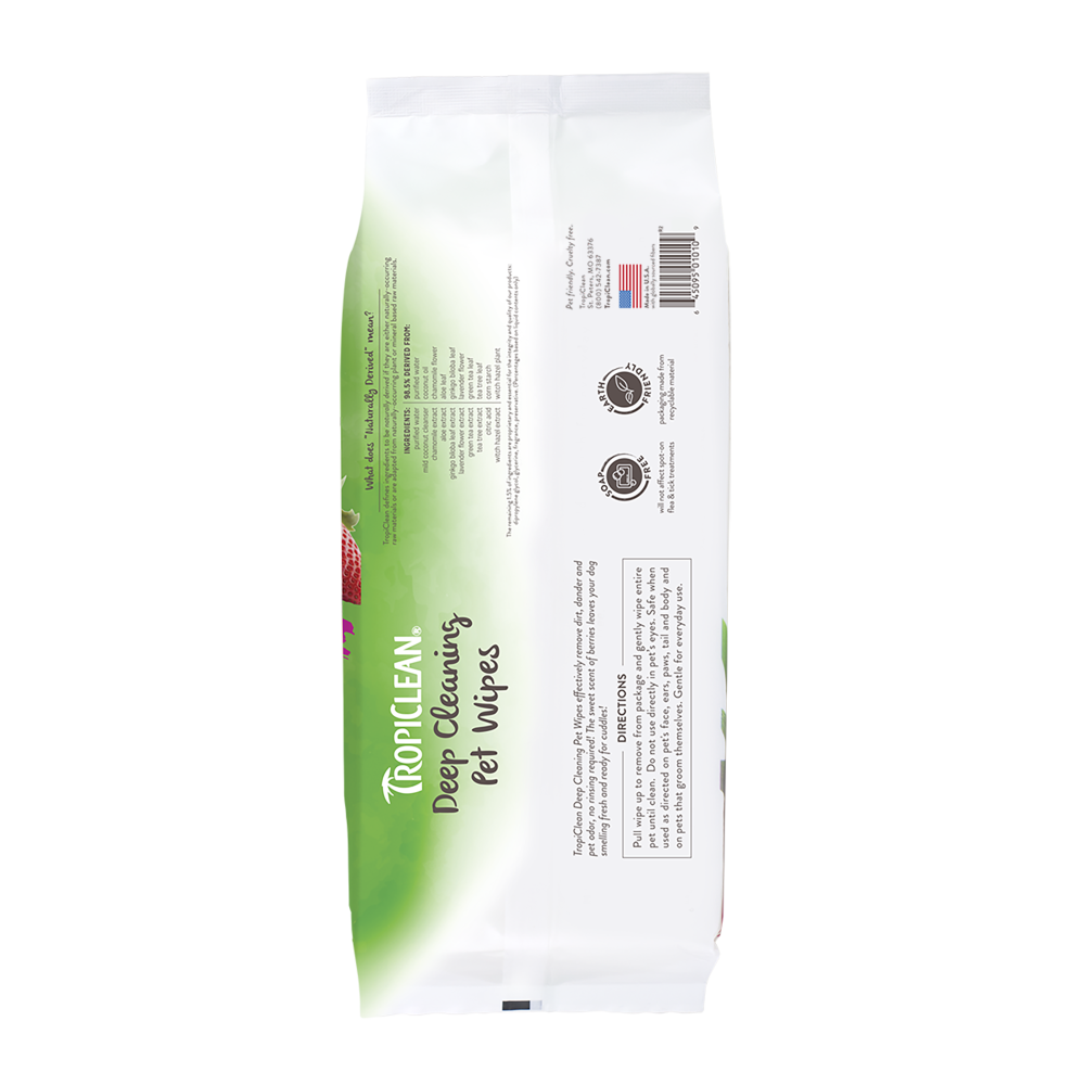 TropiClean Berry & Coconut Deep Cleaning Pet Wipes, back of 100ct package