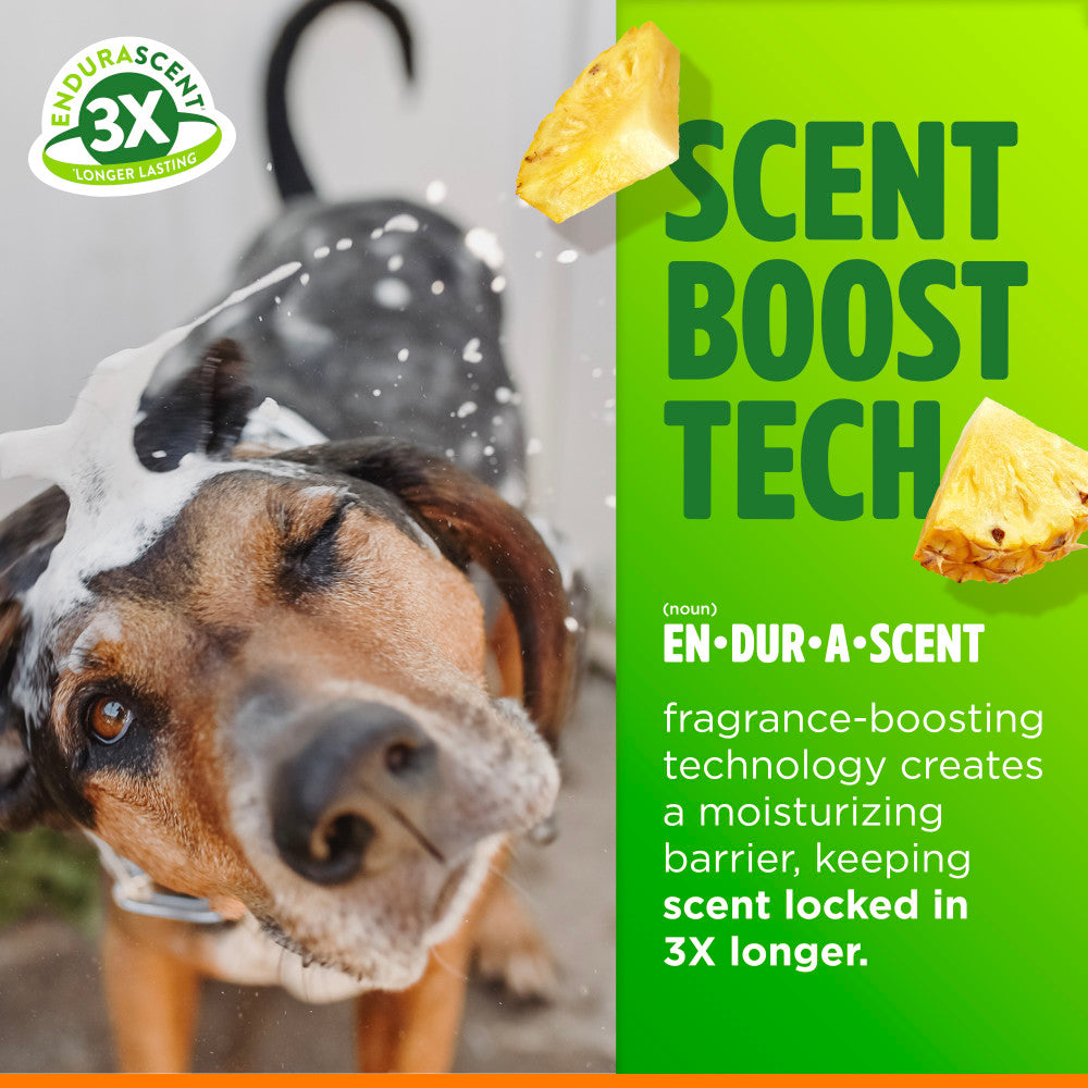 Dog being washed with a green label about Scent Boost Tech and EndurAScent fragrance-boosting technology.