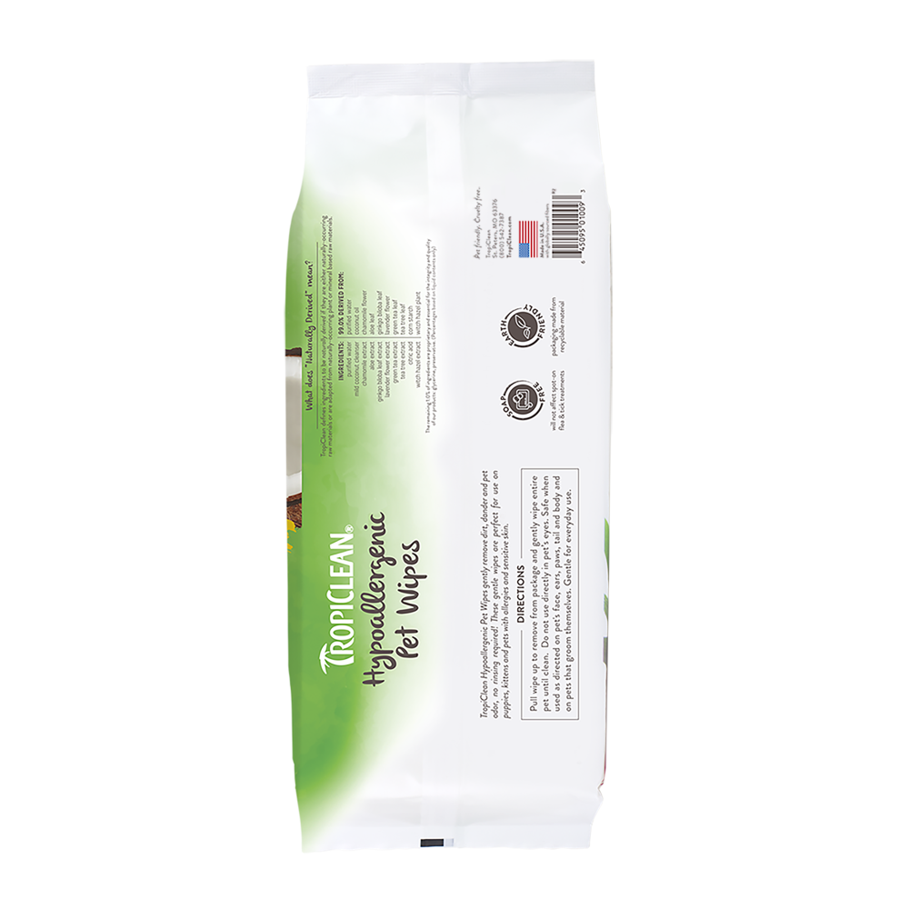TropiClean Hypoallergenic Cleaning Pet Wipes, image of back of package