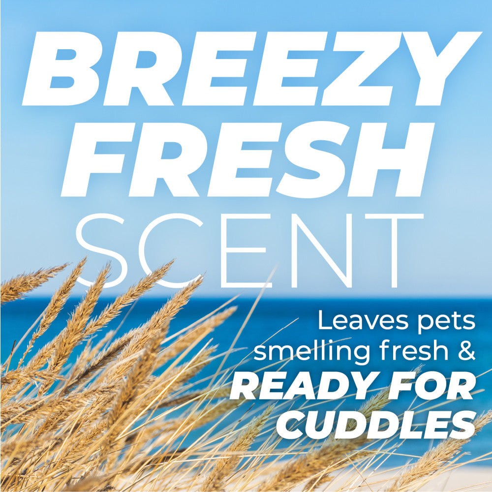 TropiClean PURE All Purpose Plant Based Wipes for Dogs & Cats, text 'Breezy Fresh Scent' and beach scene, featuring sand and grass.