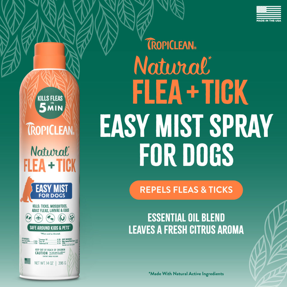 TropiClean Natural Flea + Tick Dog + Home Easy Mist Spray on a green background with product details.