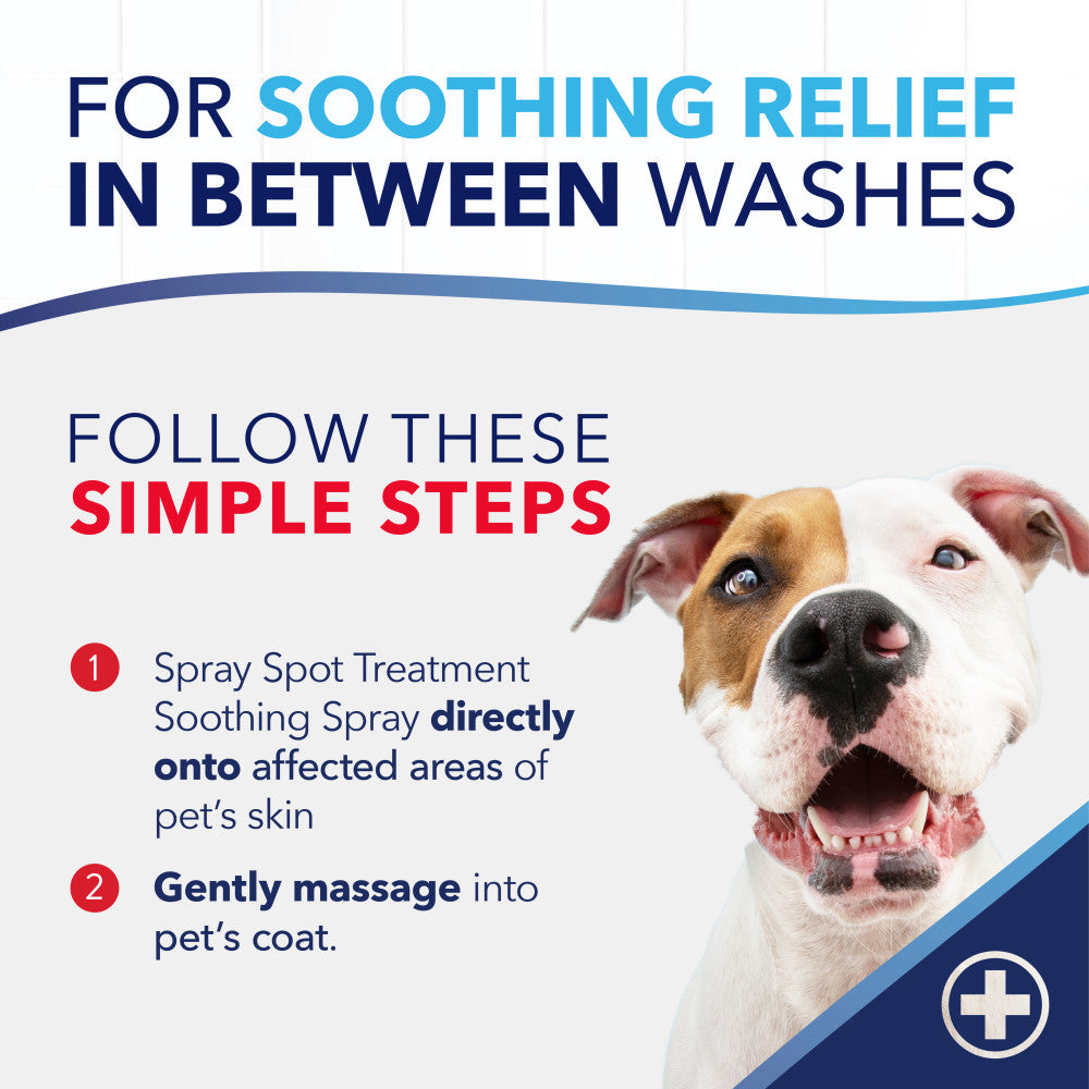 Dog with text on using TropiClean OxyMed Medicated Anti-itch Spray for Pets between washes and steps for use