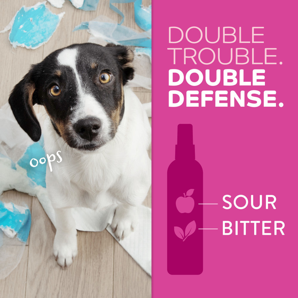 TropiClean Chew Stop Behavior Aid Puppy Spray. Dog with a spray bottle labeled 'Sour Bitter' on a pink background with text.