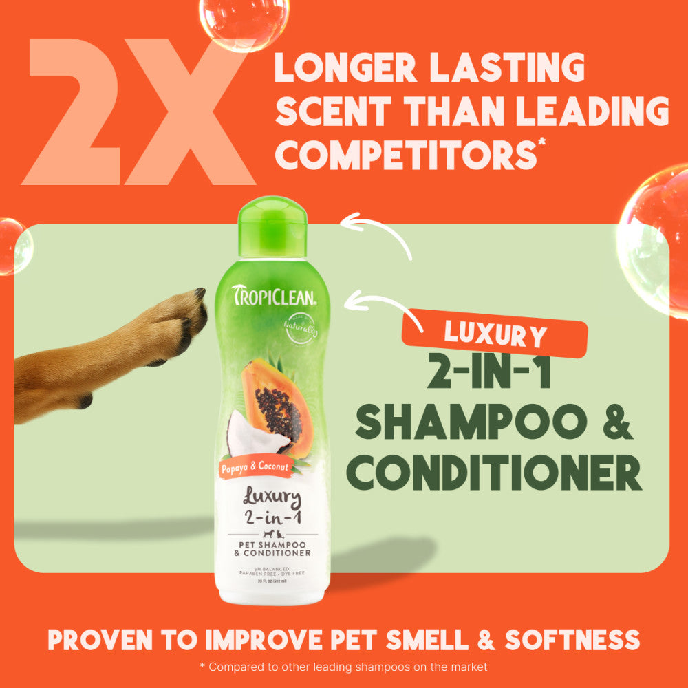 TropiClean luxury 2-in-1 pet shampoo & conditioner bottle with promotional text on an orange background