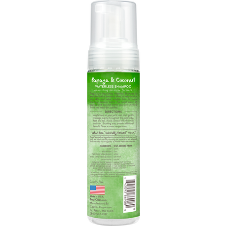 TropiClean Papaya & Coconut Waterless Shampoo for Dogs & Cats, back of 7.4oz spray bottle