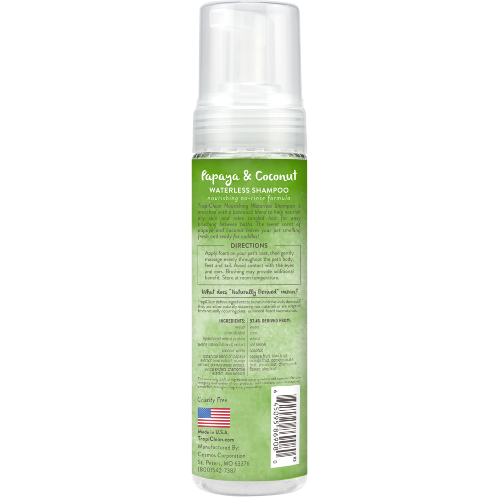 TropiClean Papaya & Coconut Waterless Shampoo for Dogs & Cats, back of 7.4oz spray bottle