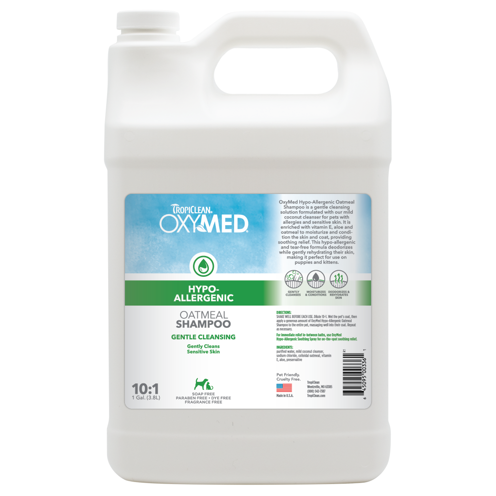 TropiClean OxyMed Hypoallergenic Oatmeal Shampoo for Dogs and Cats, front of 1 gallon bottle.