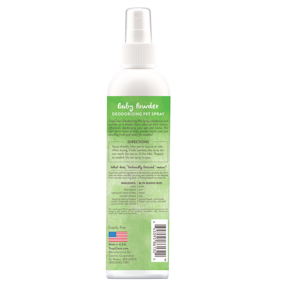 TropiClean Baby Powder Deodorizing Spray for Dogs & Cats, back image of spray bottle