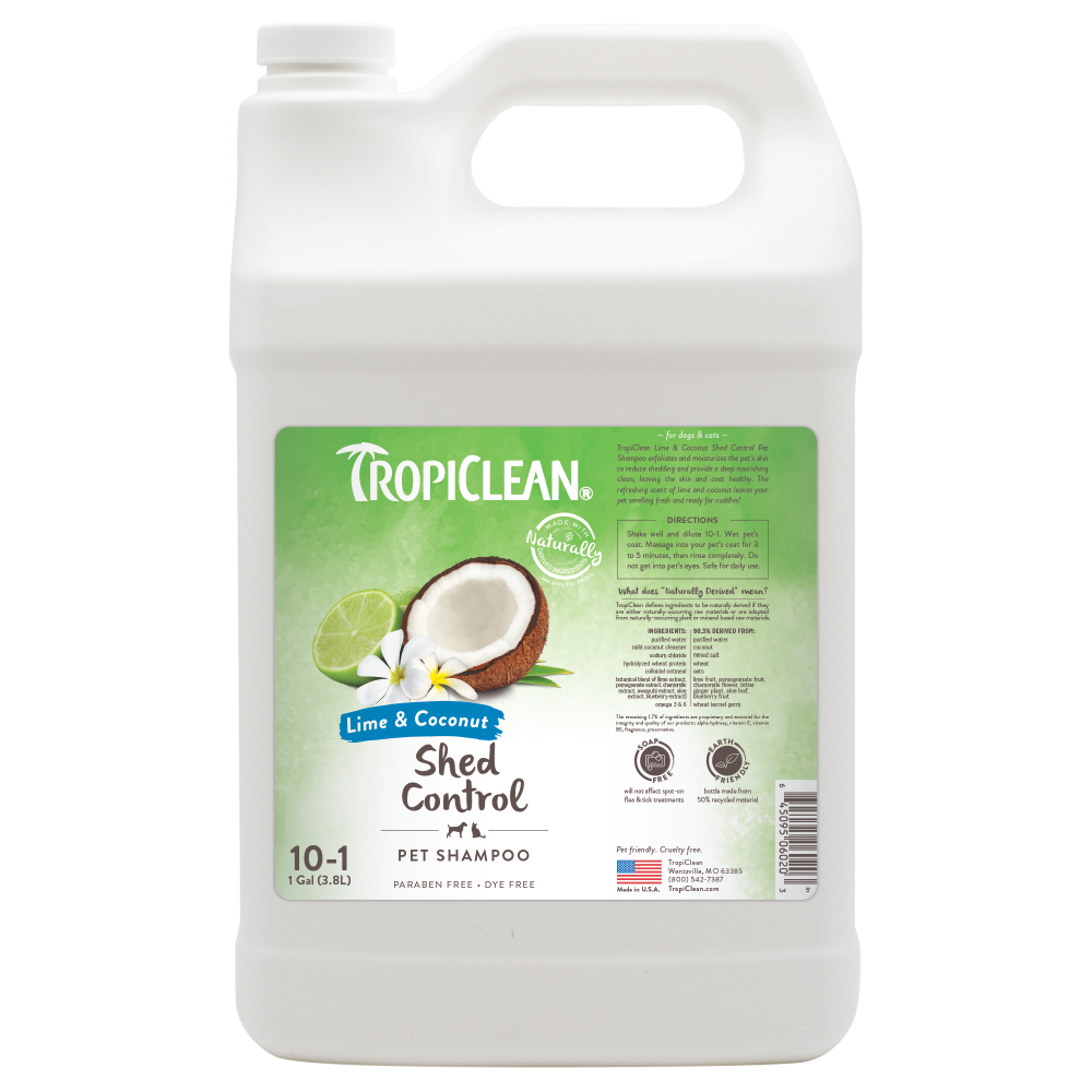 TropiClean Lime & Coconut Shed Control Shampoo for Pets, front of 1 gal bottle