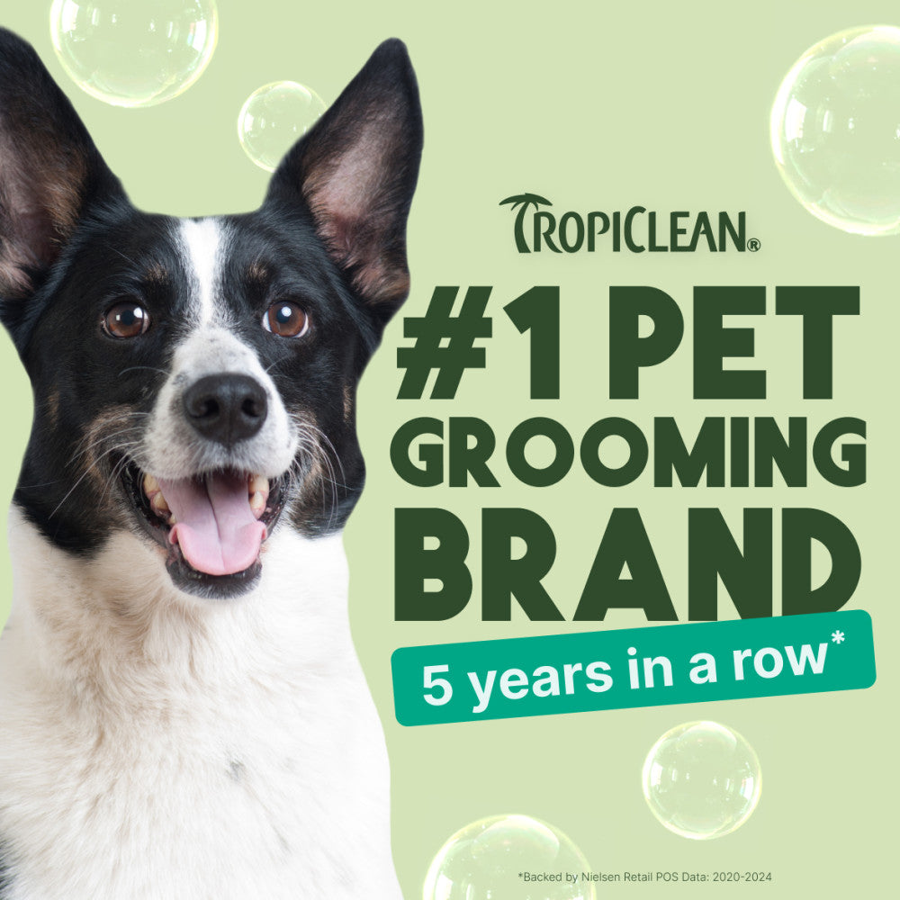 TropiClean advertisement with a dog and text about being #1 pet grooming brand for 5 years.