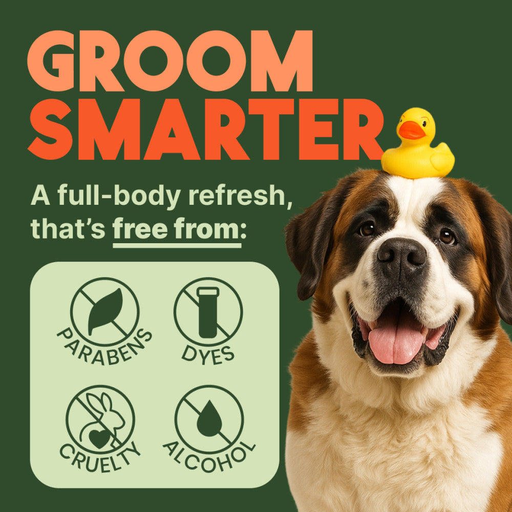 Dog with a rubber duck on its head and 'Groom Smarter' text on a green background