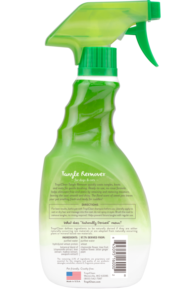 TropiClean Sweet Pea Tangle Remover Spray for Dogs & Cats, back of 16oz spray bottle