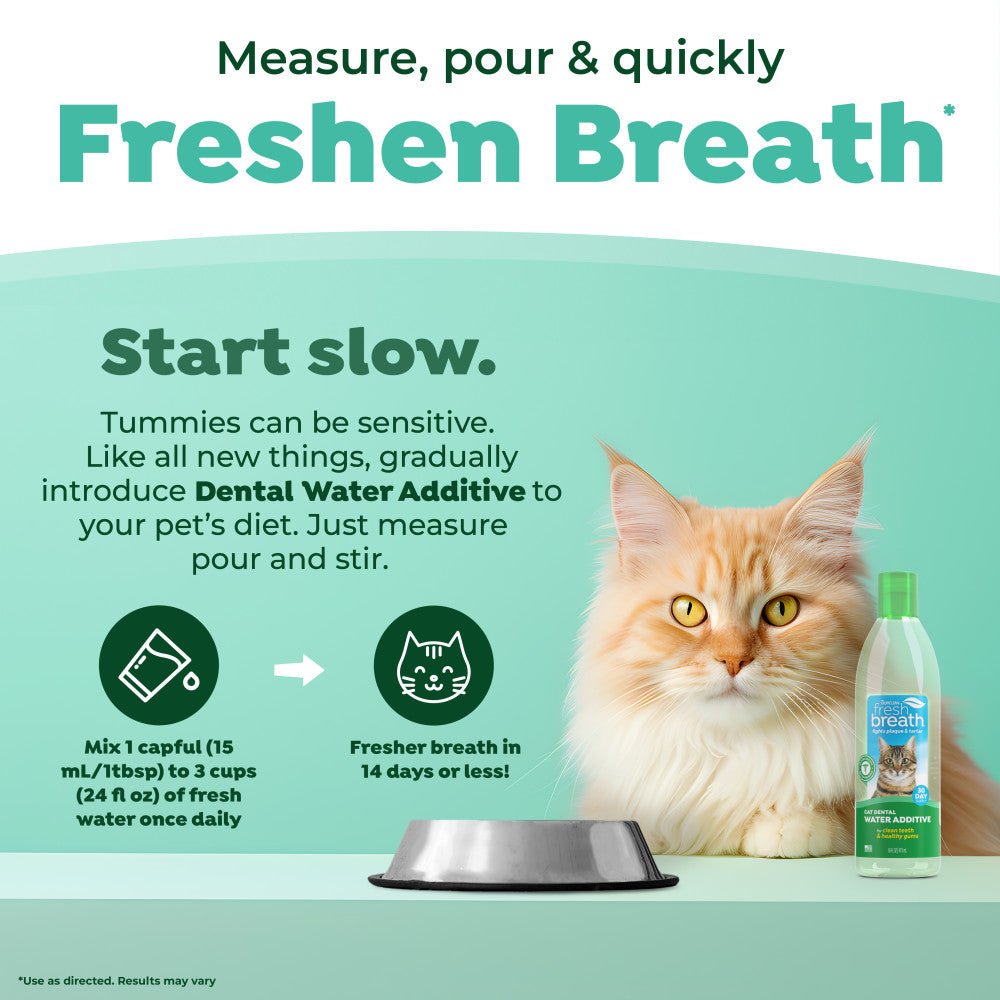 Cat with Fresh Breath by TropiClean Oral Care Water Additive for Cats and instructions on a green background