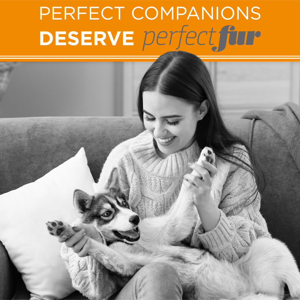 TropiClean Perfect Fur Thick Double Coat Shampoo for Dogs. Woman sitting on a couch with a dog, with 'Perfect Fur' branding above.