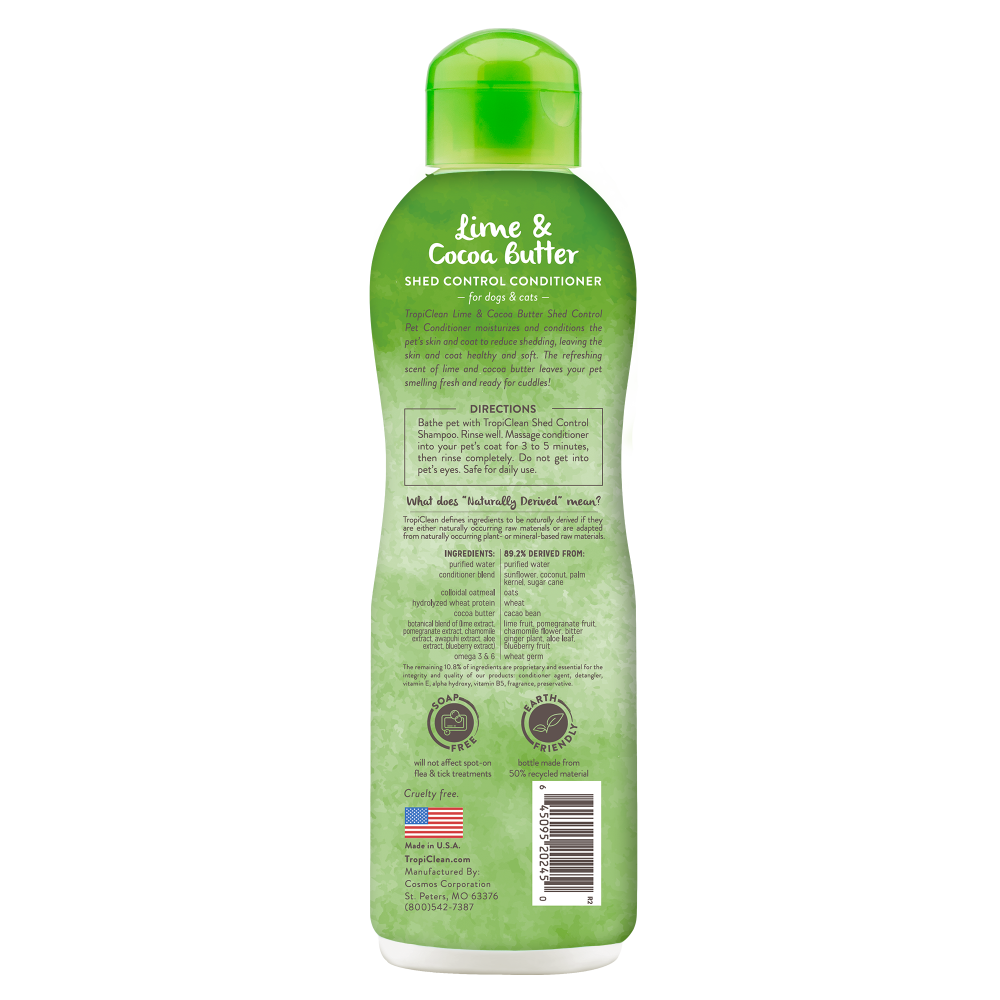 TropiClean Lime & Cocoa Butter Shed Control Conditioner for Pets, back of bottle