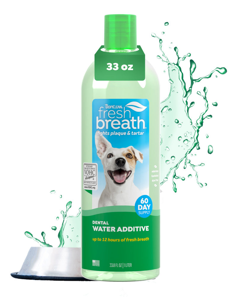 TropiClean Fresh Breath Oral Care Water Additive for Pets, image of front of 33oz bottle with water bowl