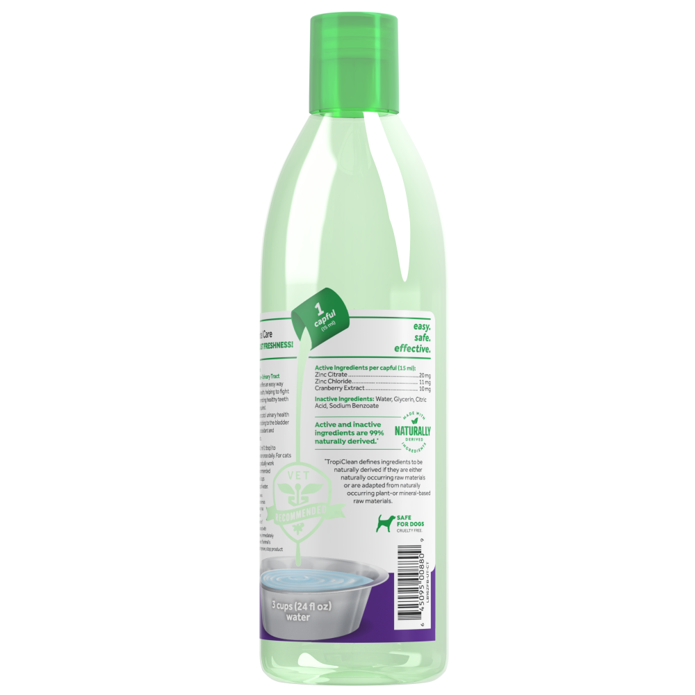 TropiClean Fresh Breath Dental Water Additive + Urinary Tract Support for Cats, back image of bottle