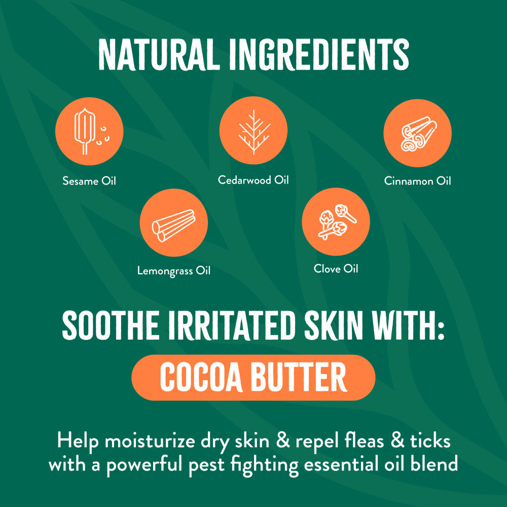 List of natural ingredients used in a Tropiclean Natural Flea + Tick soothing dog shampoo with a green background