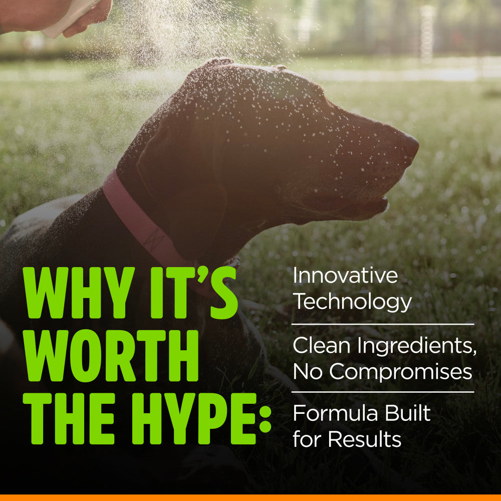 TropiClean EnduraScent Mango Kiwi Pet Deodorizing Spray. Dog being sprayed with water outdoors, with promotional text about innovative technology and clean ingredients.